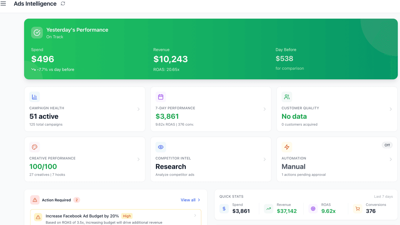 Finsi Ads Intelligence dashboard — ROAS tracking, campaign health, creative performance, and AI automation