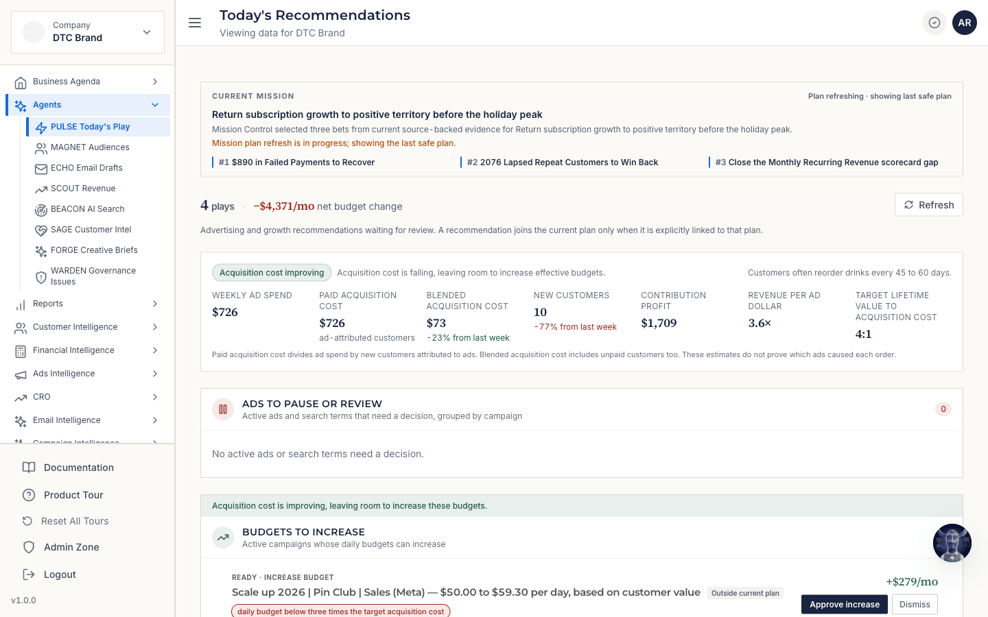 Finsi recommendations showing ranked proposals awaiting approval